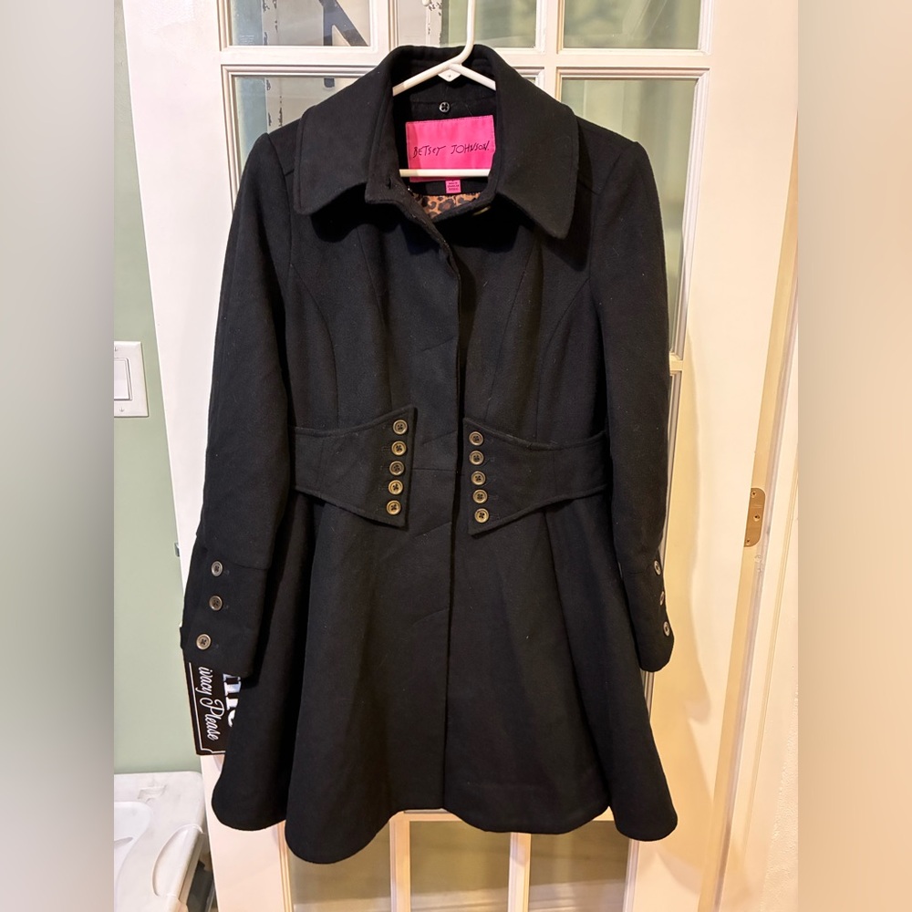 Vintage Y2K Betsey Johnson Black Wool Military Princess Coat Leopard Rose Lining